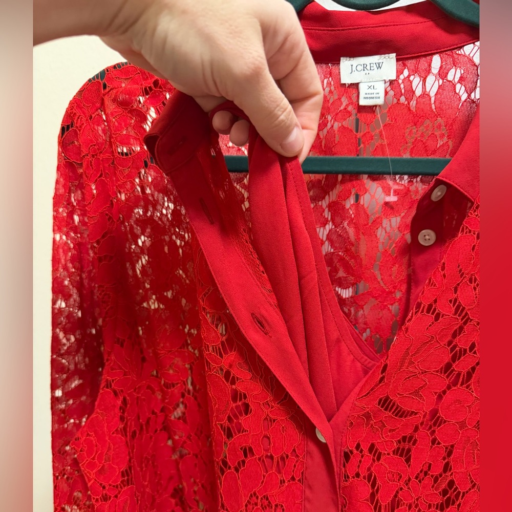 J. Crew Factory XL Red Lace Shirt Blouse with Matching Camisole - Picture 4 of 6